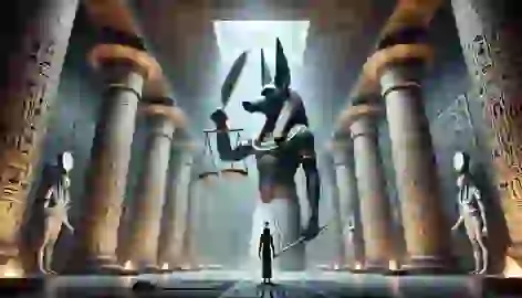 Anubis holds the scales in the Hall of Two Truths as a soul awaits judgment with the feather of Ma’at.