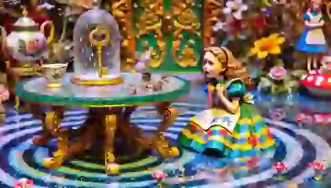 Alice crying by a glass table with a golden key on it, surrounded by a pool of her own tears, emphasizing her small size.