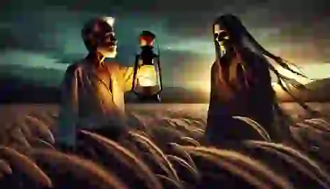 Manuel holds a lantern, confronting El Silbón in a twilight field with tall grass swaying in the wind.