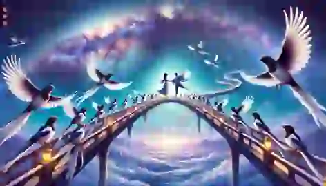 A bridge of magpies forms over the Milky Way, allowing Niulang and Zhinu to meet.