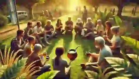 A diverse group of people sharing a gourd of yerba mate in a modern-day park.