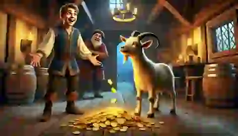 Hans with the magical goat that produces gold coins while the innkeeper watches from the shadows.