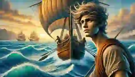 Theseus stands at the prow of the ship as it approaches Crete, the sea a vibrant blue with the setting sun casting golden light.