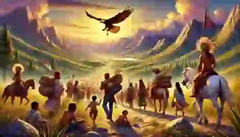 The people of Aztlan journey through rugged landscapes, carrying belongings, guided by a golden eagle soaring above.