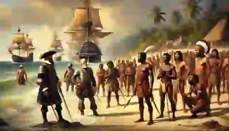 Arawak people observing European explorers disembarking from ships on a Caribbean shore.