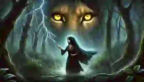 Laila faces the glowing eyes of the Guardian Lion in a stormy forest, showing awe and determination.