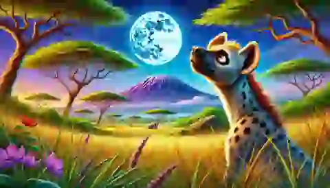 Mwizi, the hyena, gazing at the bright full moon, with the savanna in the background.