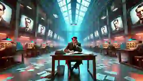 Winston, broken and defeated, sitting at his desk in the Ministry of Truth.