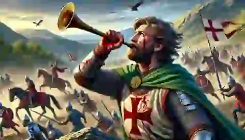 Roland blowing his oliphant horn on the battlefield, calling for aid.