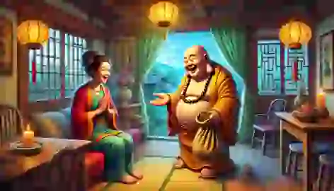 The Laughing Buddha offering a wooden toy to a widow named Mei inside her humble home.