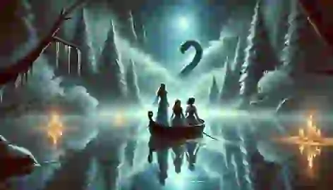 The princesses glide across the Crystal Lake in an ice boat, with a serpent’s reflection visible beneath the water.