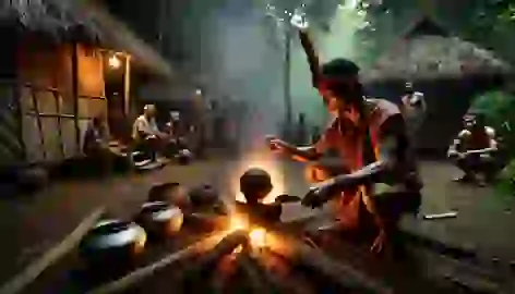 A Shuar warrior sits by a fire, preparing the skin of an enemy