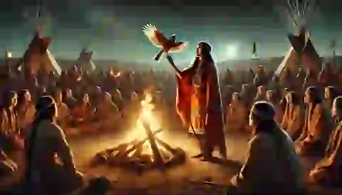 The Lakota people gathered around a fire performing the Ceremony of the Mockingbird.