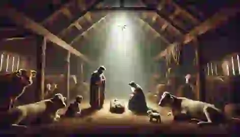 Mary and Joseph with the newborn Jesus in a stable, visited by the magi presenting gifts.