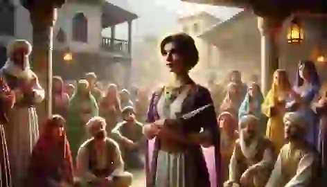 Soraya stands confidently in a Persian village, holding a dagger as villagers look on with admiration and respect.