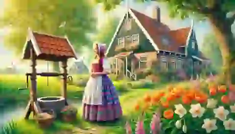 Katrina Van Tassel, a young woman in traditional dress, standing by a farmhouse.