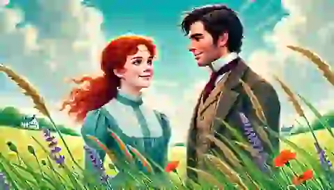 Anne Shirley and Gilbert Blythe standing together in a field, smiling at each other with a sense of reconciliation.