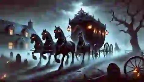 The Cóiste Bodhar, a black coach, pulled by six ghostly horses races through mist as a woman watches in fear.