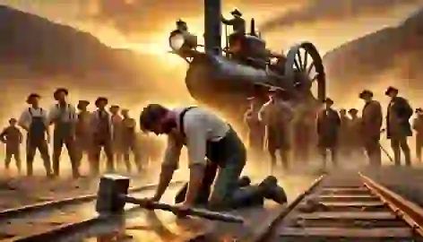 Exhausted John Henry kneels with his sledgehammer as the steam drill stands silent in the background.