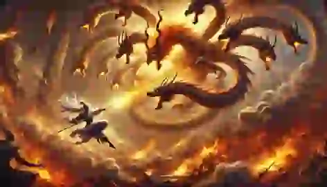 Lu Fei leaps mid-air, striking the Nine-Headed Bird with a celestial spear in a fiery battle.