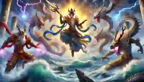 Nezha battles the four Dragon Kings amidst massive waves and lightning in an intense clash.