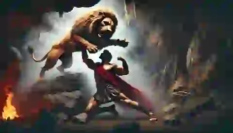 Hercules fighting the Nemean Lion with his bare hands in a rocky cave setting.