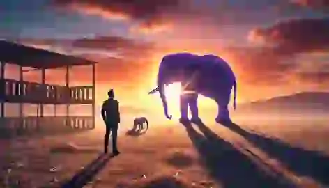 The protagonist witnesses the shrunken, ghostly figures of the elephant and its keeper in the enclosure at sunset