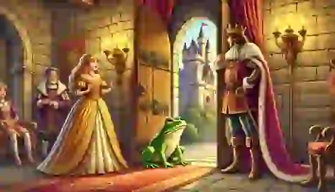 The frog stands at the castle door as the princess and the king look on in surprise.