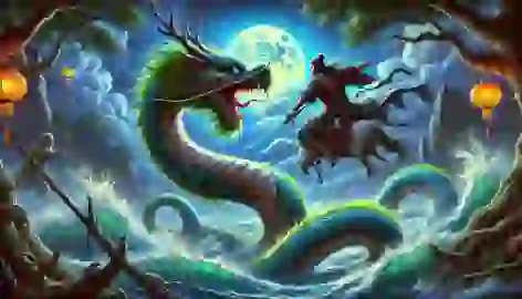 Alpamys battles a massive serpent in a turbulent river, wielding his sword on his rearing horse, Bai Shubar.