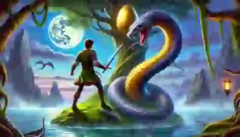 Askeladden battles a massive serpent guarding a golden egg on a tree in the moonlit lake.