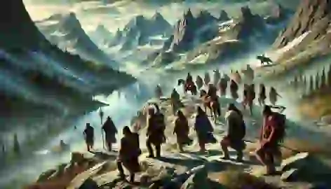 Warriors and shamans trek through rugged mountains toward the Serpent’s lair, with a lake visible in the background.