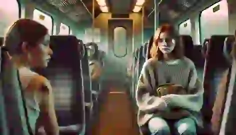 A nervous teenage girl clutching a small backpack sits across from Emma on the train.