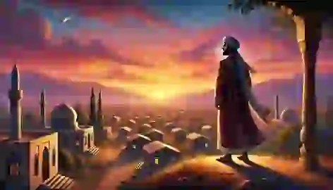 Arash as a wise leader, standing on a hill overlooking his village at sunset, watched by the Simorgh.