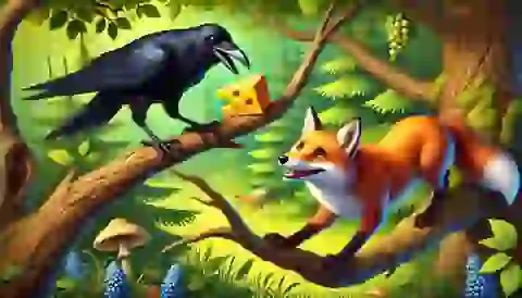 A crow on a tree branch with a piece of cheese in its beak while a fox flatters it from below.