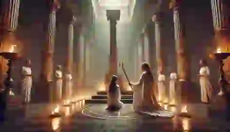  Myrine kneels before the sacred tripod during her training as the Pythia inside the temple of Apollo, guided by priestesses.