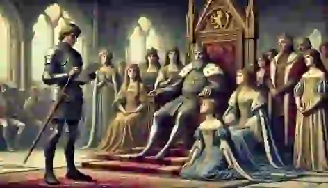 The soldier presents a silver branch as evidence to the surprised king, with princesses looking remorseful behind him.