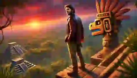 Javier stands atop the temple at sunset, with the statue of Kukulkan and a vast jungle canopy.