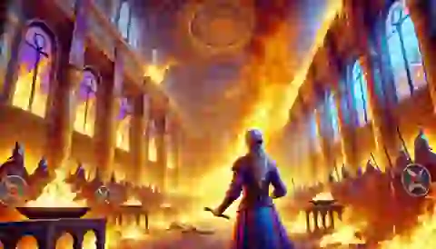 Gudrun sets Atli’s hall ablaze, seeking vengeance for her slain brothers.