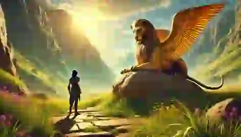 Aletheia stands before the sphinx in a golden valley, ready to answer its riddle amid a lush and sunlit landscape.