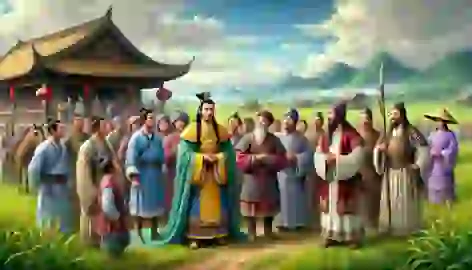 Emperor Zhao meets with villagers in the countryside, displaying humility and compassion.