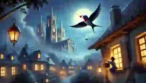 A swallow flies through the night carrying a ruby, with a cathedral and city rooftops below.