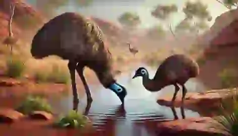 Emu and Jabiru sharing water at a small hidden spring in the Australian Outback.