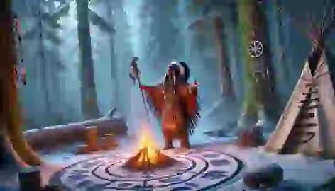 A Native American shaman performs a sacred ritual in a snowy forest, seeking protection from the Wendigo.