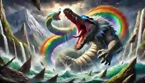 Ginga the Crocodile battles the Rainbow Serpent, shaking the land as mountains crumble and rivers swell.