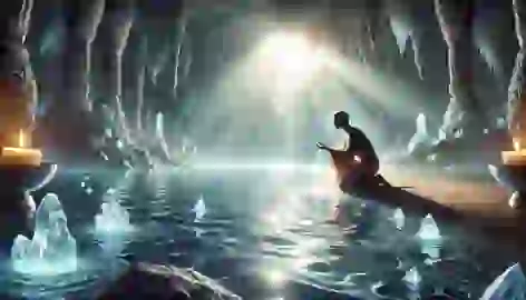 Arash kneeling beside the glowing Sacred River in a majestic cavern surrounded by shimmering crystals.