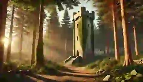 A tall stone tower standing in a dense forest during sunset, with ivy growing on its walls.