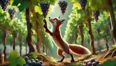 Felix the fox standing on his hind legs, stretching to reach the grapes hanging high from the vine.