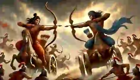 Arjuna and Karna battle fiercely with bows in their chariots during the Kurukshetra war, surrounded by chaos.