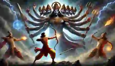 Ravana and Rama face each other in their final battle, with stormy clouds swirling in the background.