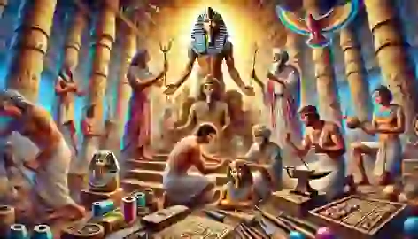 Egyptian artisans carving statues and forging tools under the guidance of Ptah.